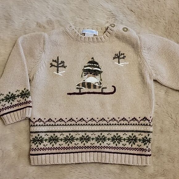 JANIE AND JACK TAN FAIR ISLES WOOL BLEND SWEATER WITH RACOON, SIZE 18-24 MONTHS - Picture 1 of 7